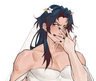 Blade from Honkai: Star Rail in a wedding dress, made by @mimmirii on Twitter