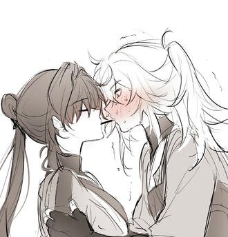 A calm Yingxing (Blade) and a flustered Jing Yuan from Honkai: Star Rail, made by @Rin65303010 on Twitter